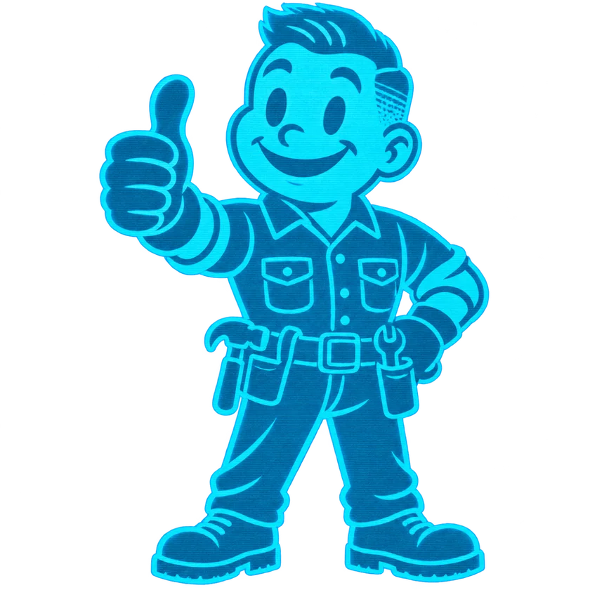 Bookit Boy, a cyber-blue contractor in a hard hat, giving a thumbs up