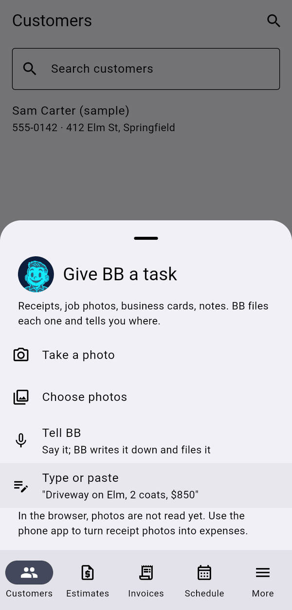 The Give BB a task sheet: take a photo, choose photos, tell BB, or type or paste