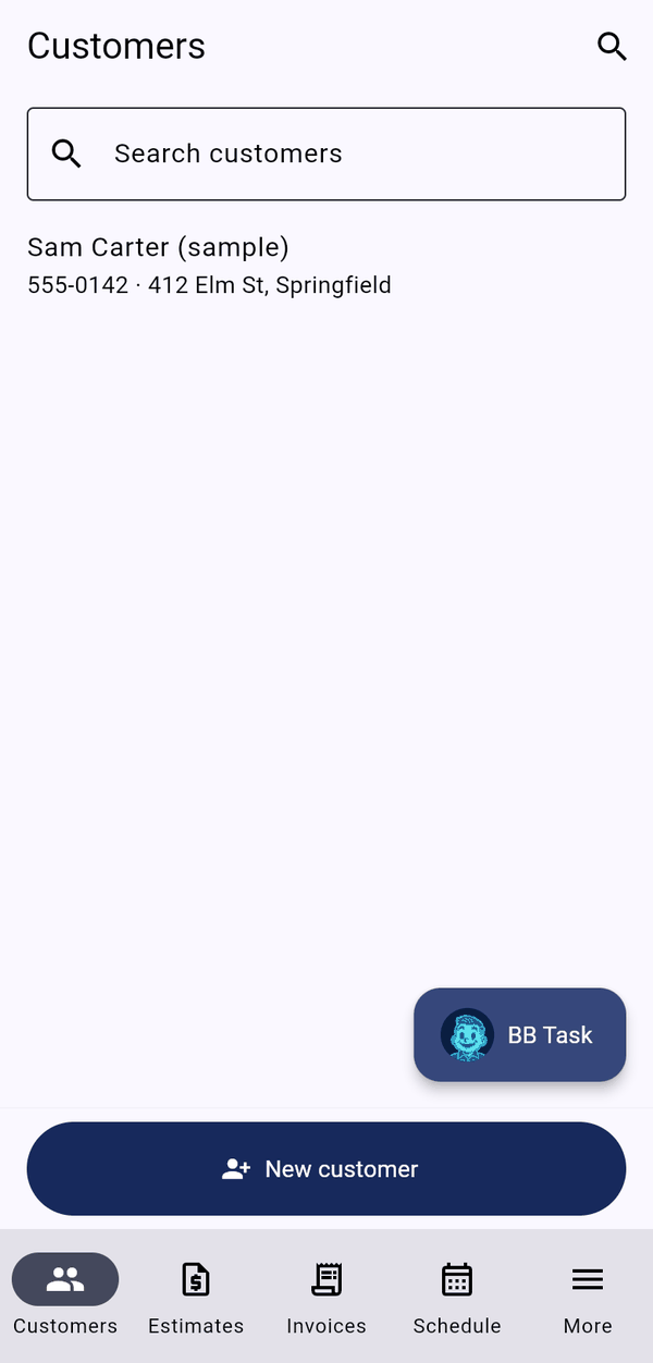 Customers tab with the BB Task button and a full-width New customer button