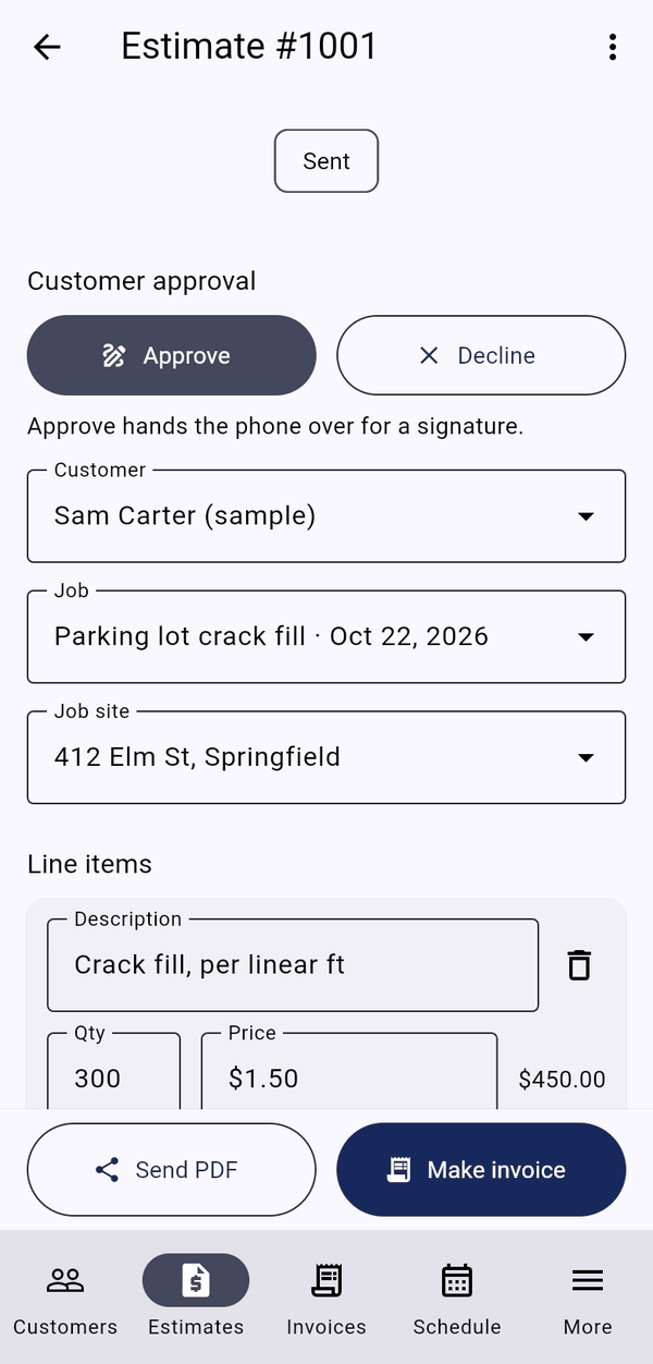 Estimate with customer approval, job, site and line items