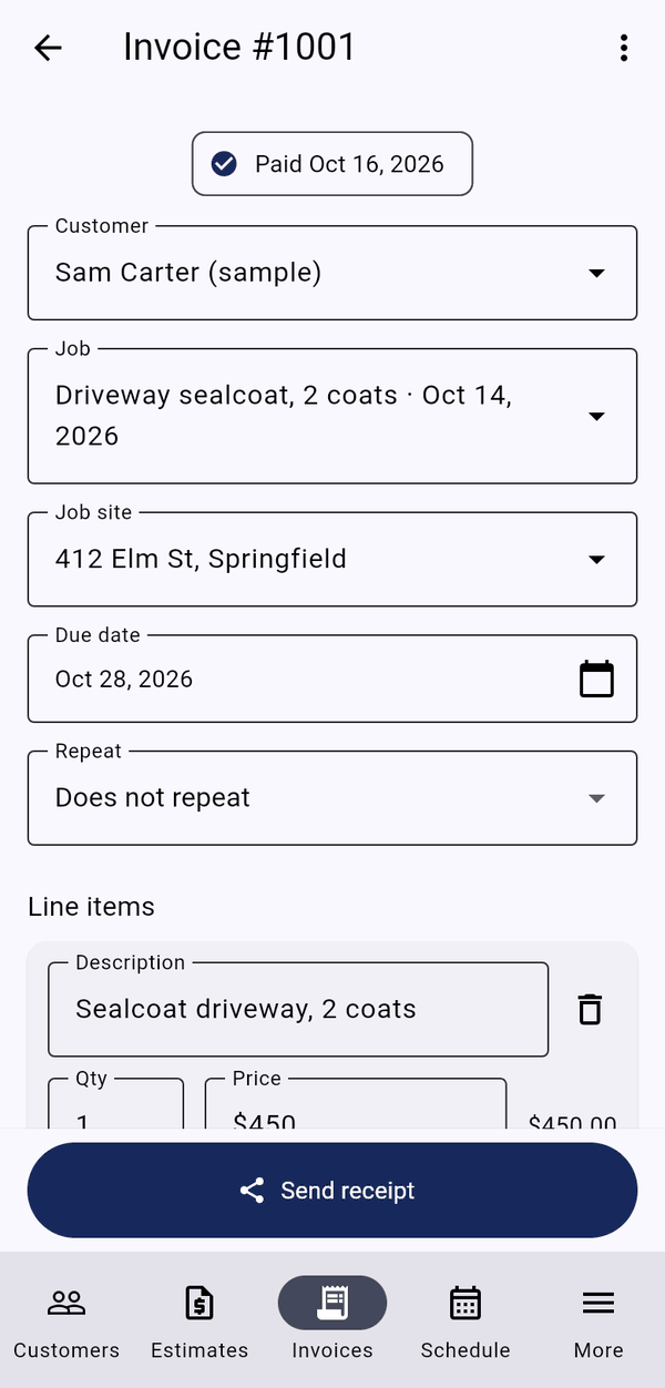 A paid invoice with its job, site, due date and line items